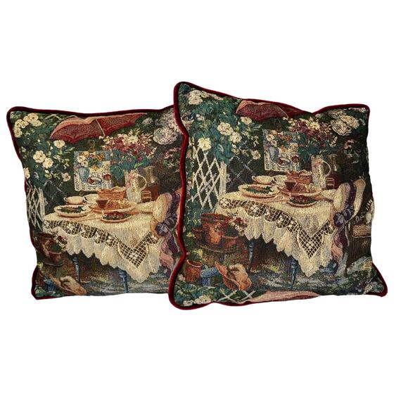 Tapestry Victorian Tapestry Garden Pillows Set 2 15x15 Croquette Cottage Cat - Picture 1 of 10